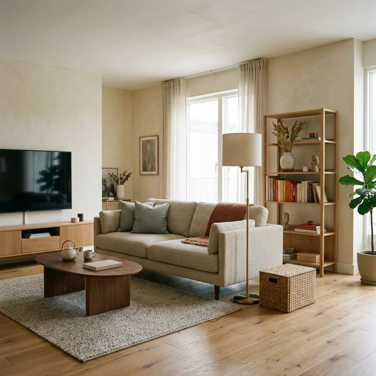 Illustrative staged living room with a television, sofa, floor lamp, bookshelf, woven storage box, and coffee table