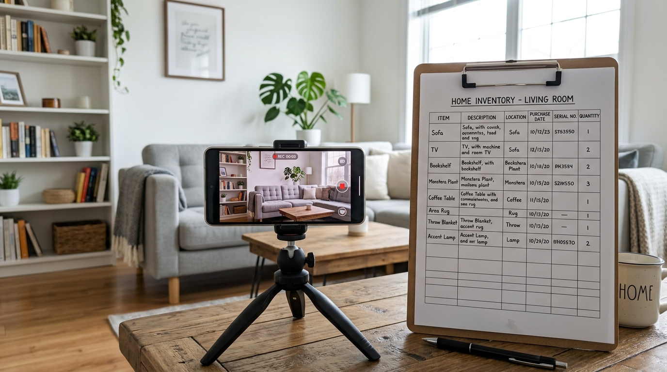 A smartphone recording a video of a living room next to a structured spreadsheet of home inventory items.