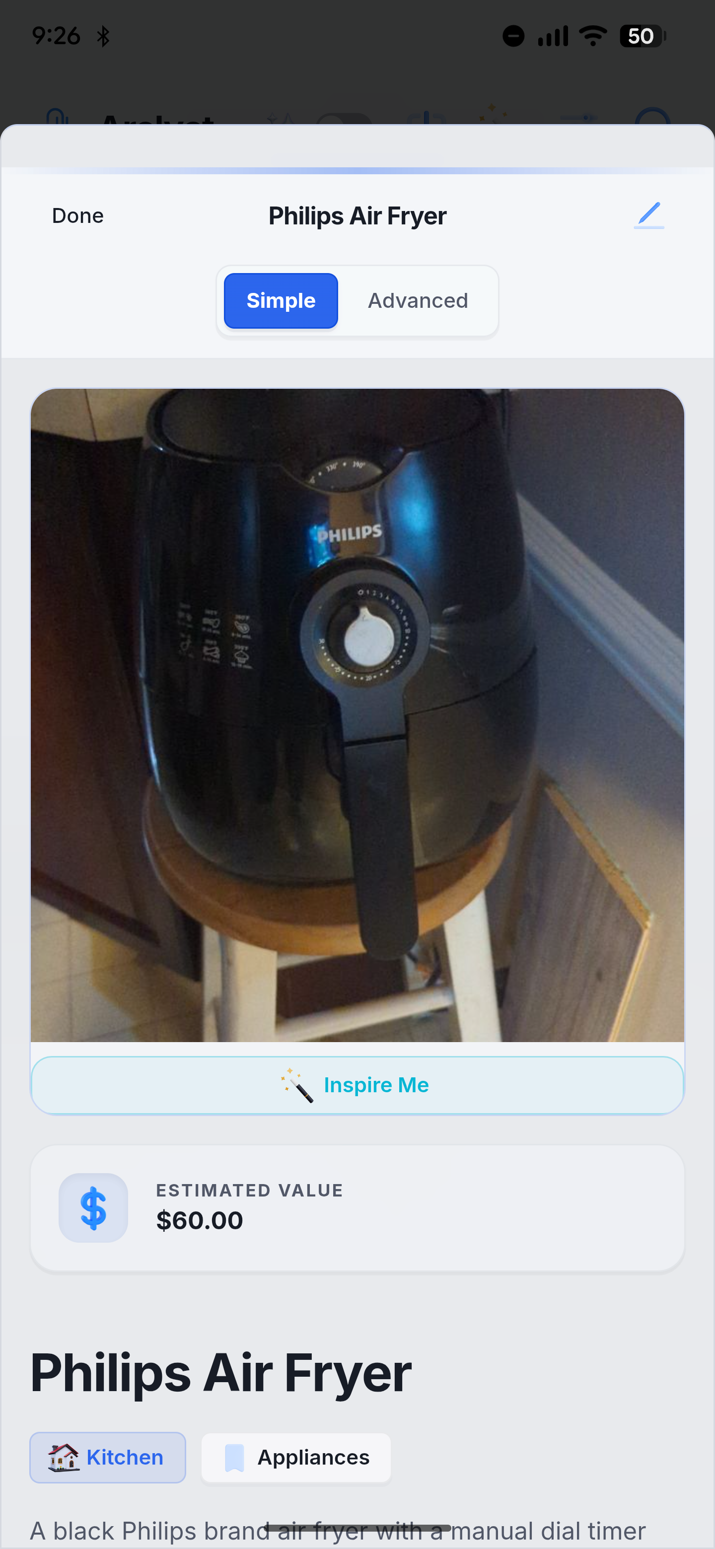 Actual Arclyst saved-item view showing a Philips air fryer photo, the Kitchen room, Appliances category, and an estimated value of $60.