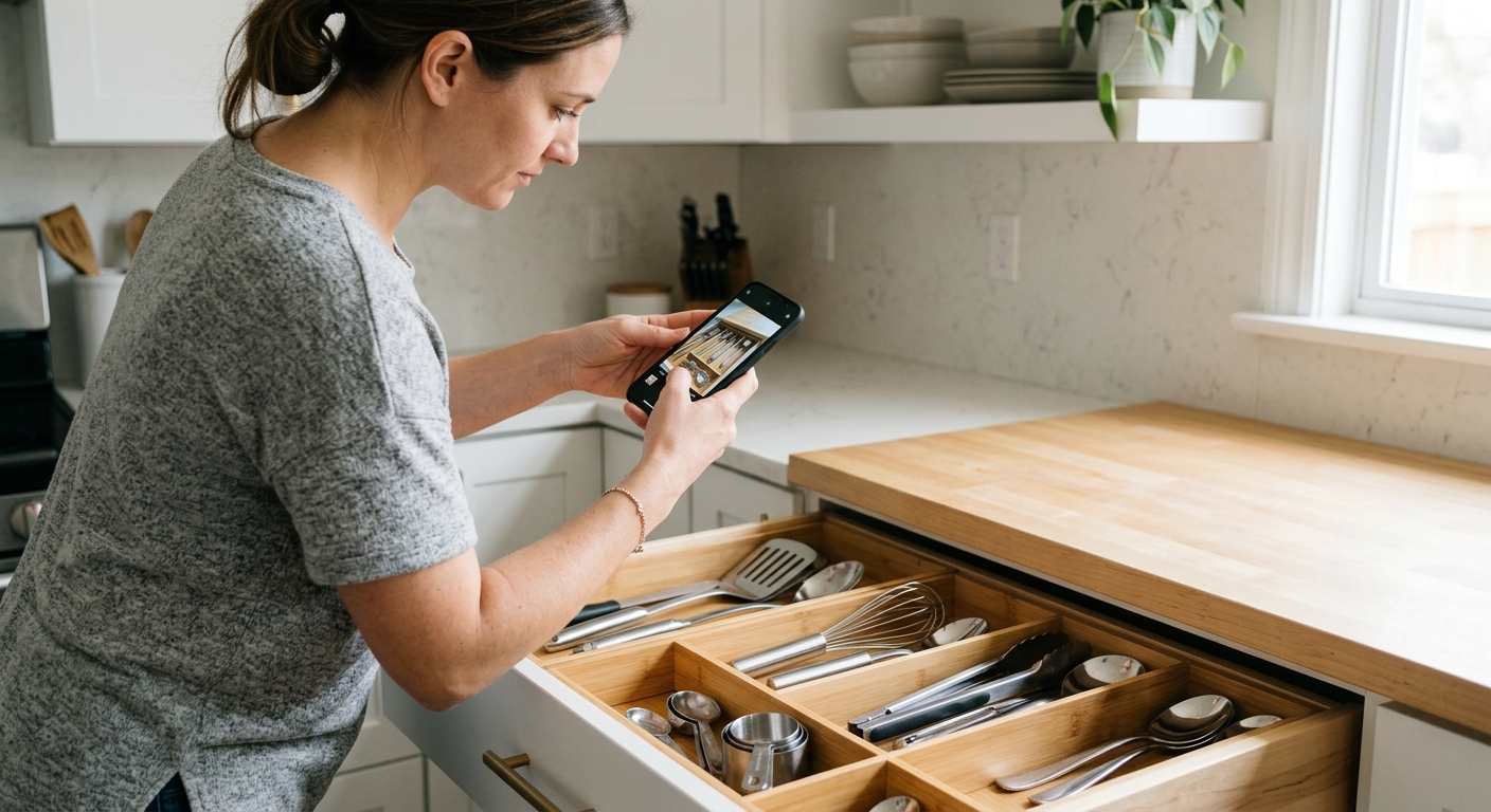 A person photographing the contents of an open kitchen drawer with a smartphone.