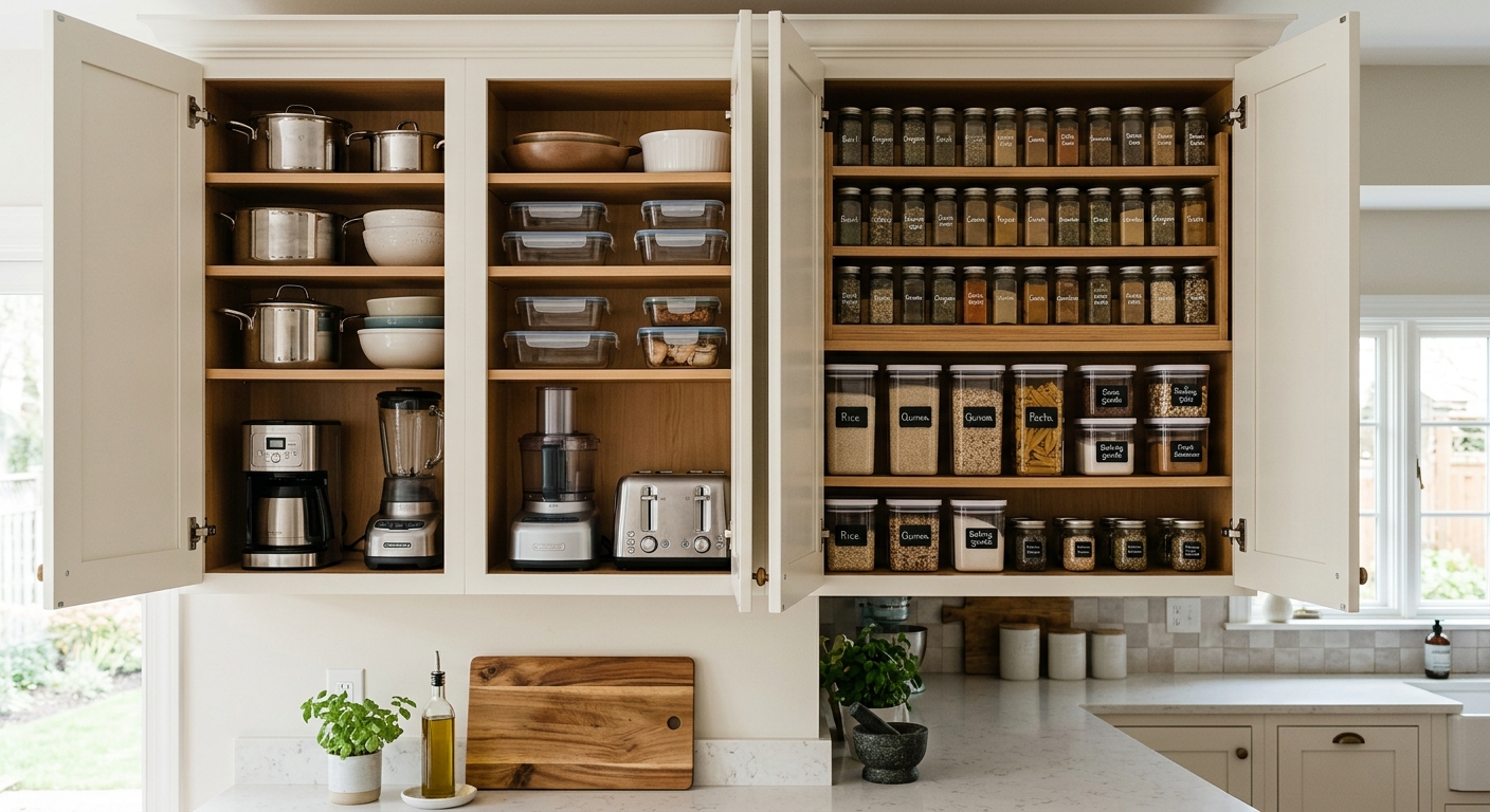Open kitchen cabinets showing organized cookware, small appliances, and a well-stocked spice rack.