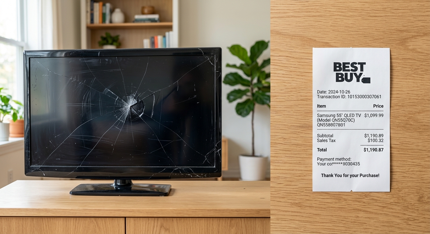 Side-by-side comparison of a damaged television and a new television receipt