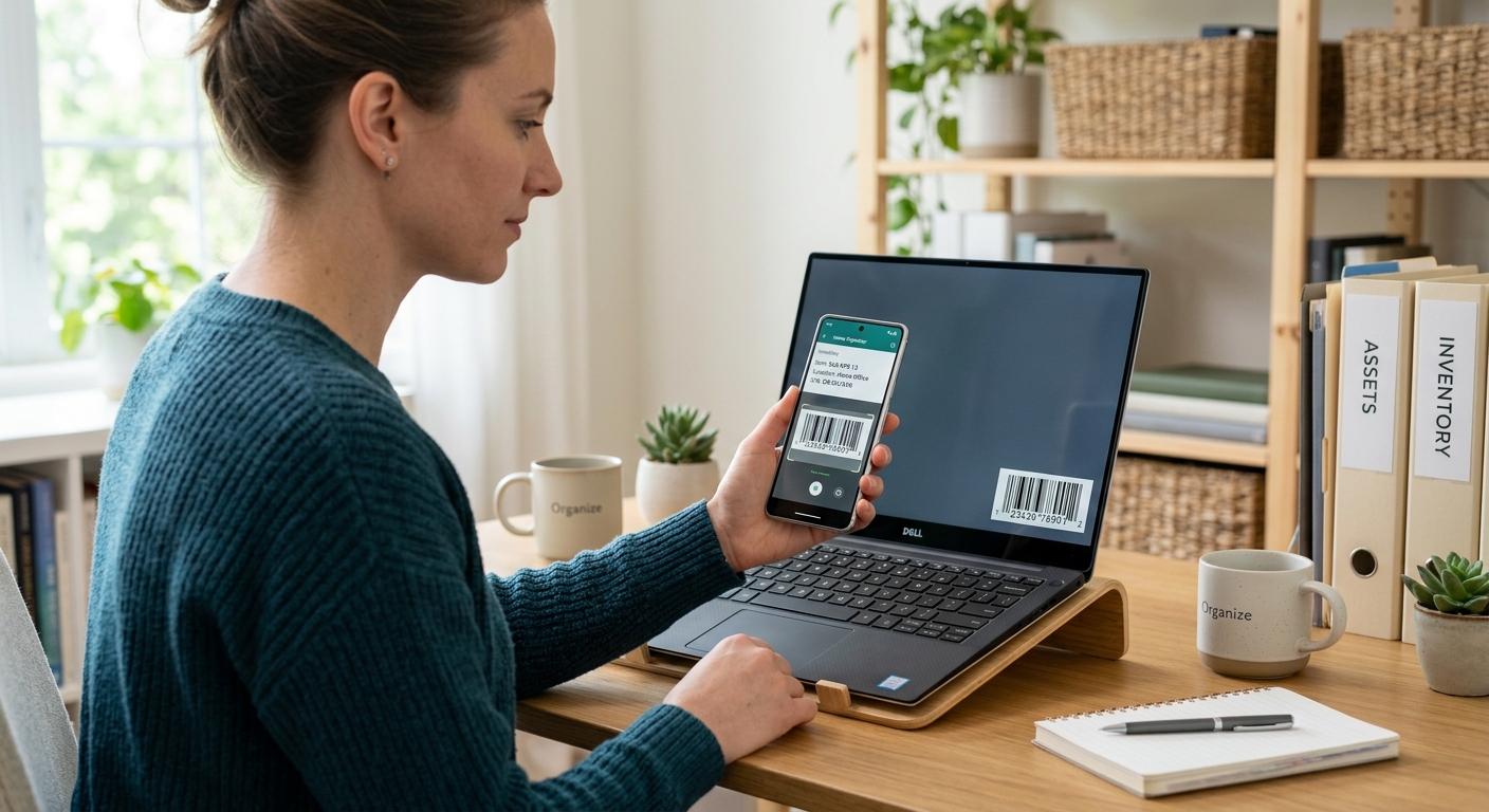 A person scanning a barcode on a business laptop using a smartphone inventory app.