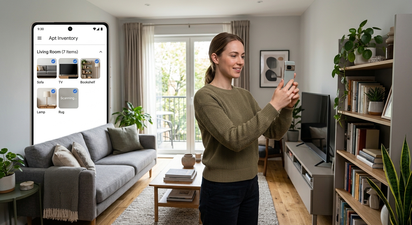 A tenant uses a smartphone to scan a modern living room, building a fast apartment inventory list for renters insurance.