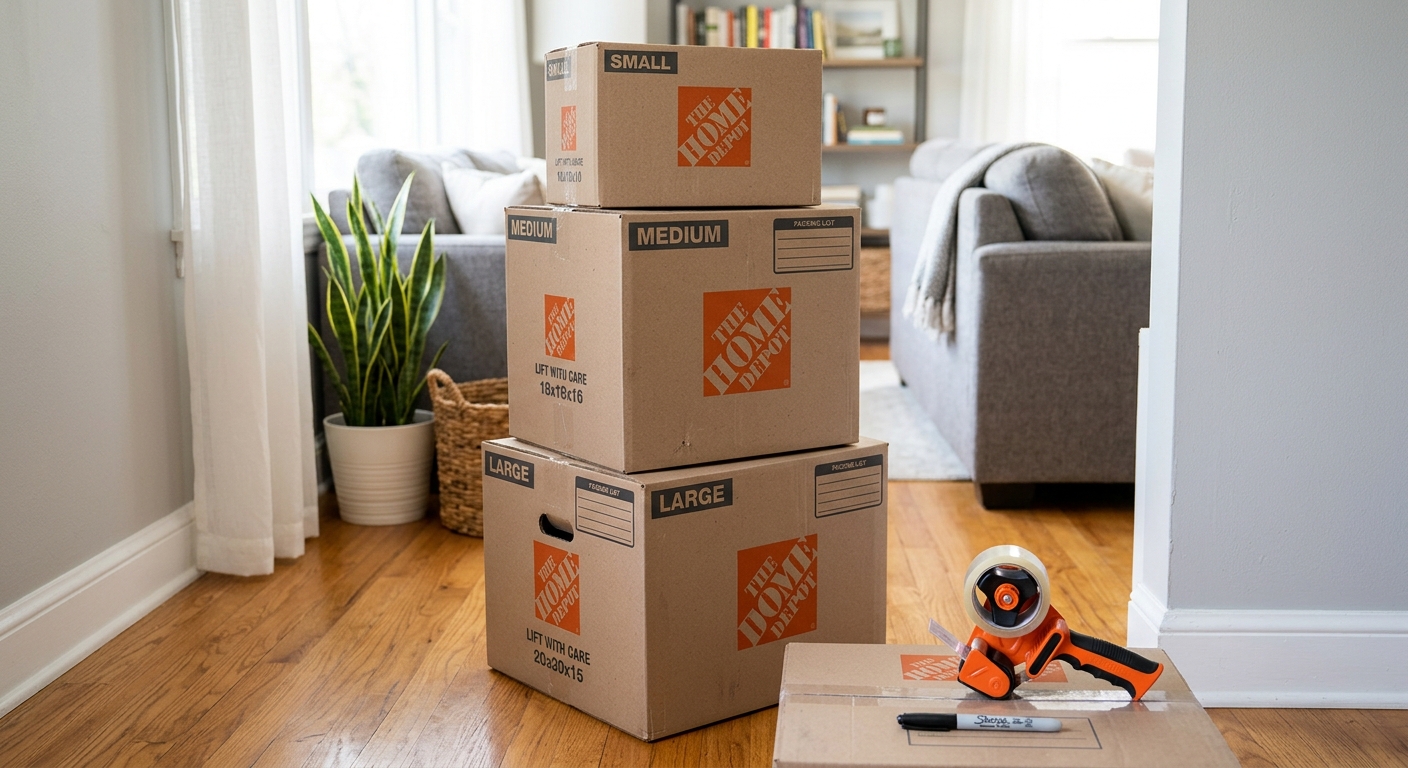 A stack of small, medium, and large Home Depot moving boxes next to packing tape and a marker in a living room.