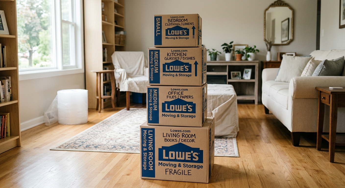 A stack of neatly labeled Lowe's moving boxes in various sizes inside a partially packed living room.