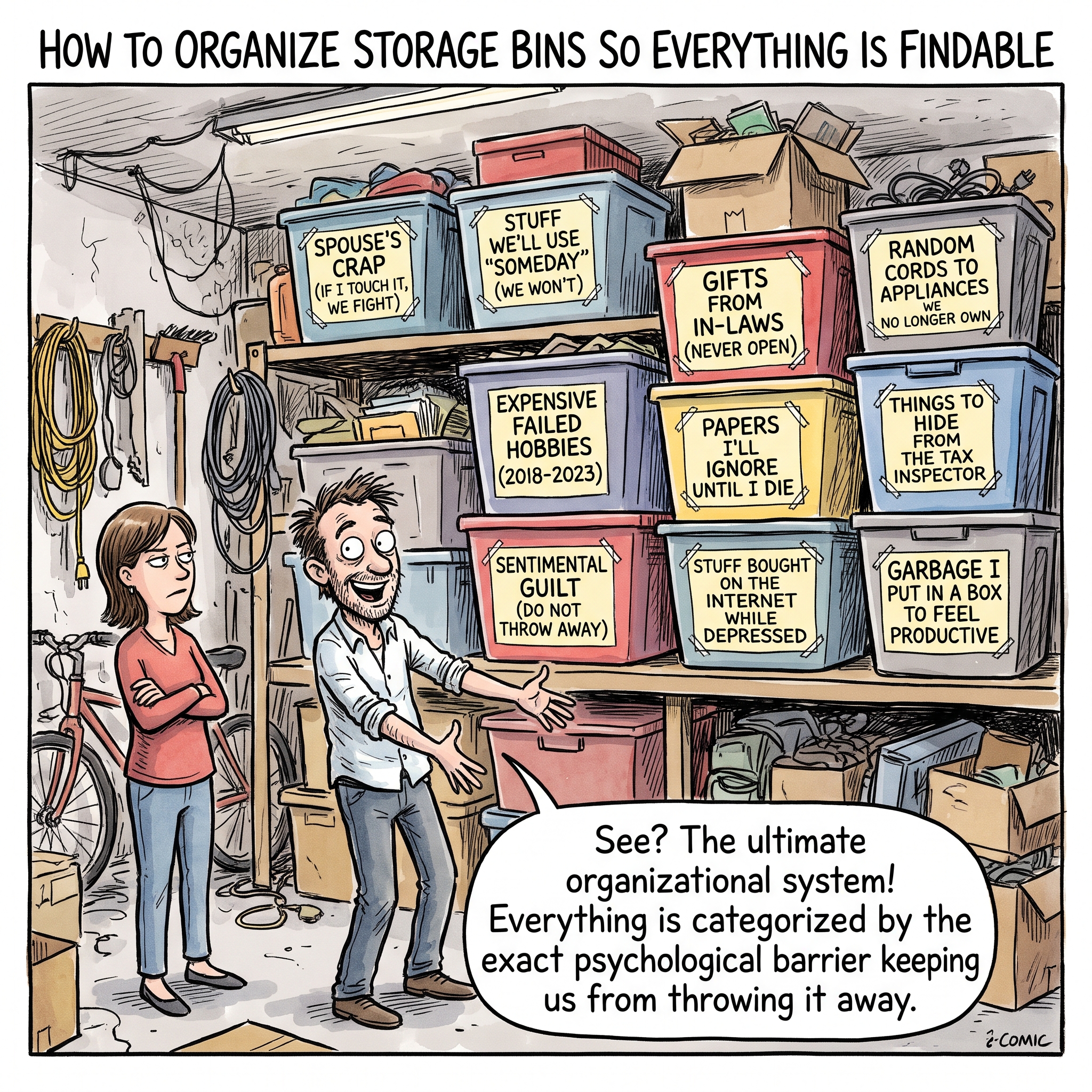 A neatly organized closet shelf featuring labeled storage bins and smaller sub-containers.