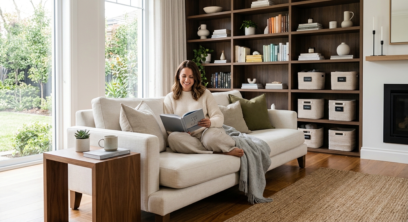 person relaxing on a couch in an extremely organized home of high end.