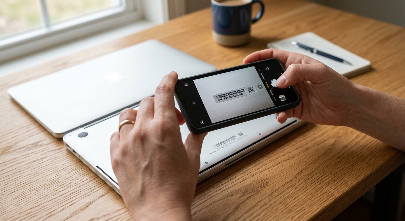 A smartphone taking a close-up photo of a laptop serial number sticker on a wooden desk