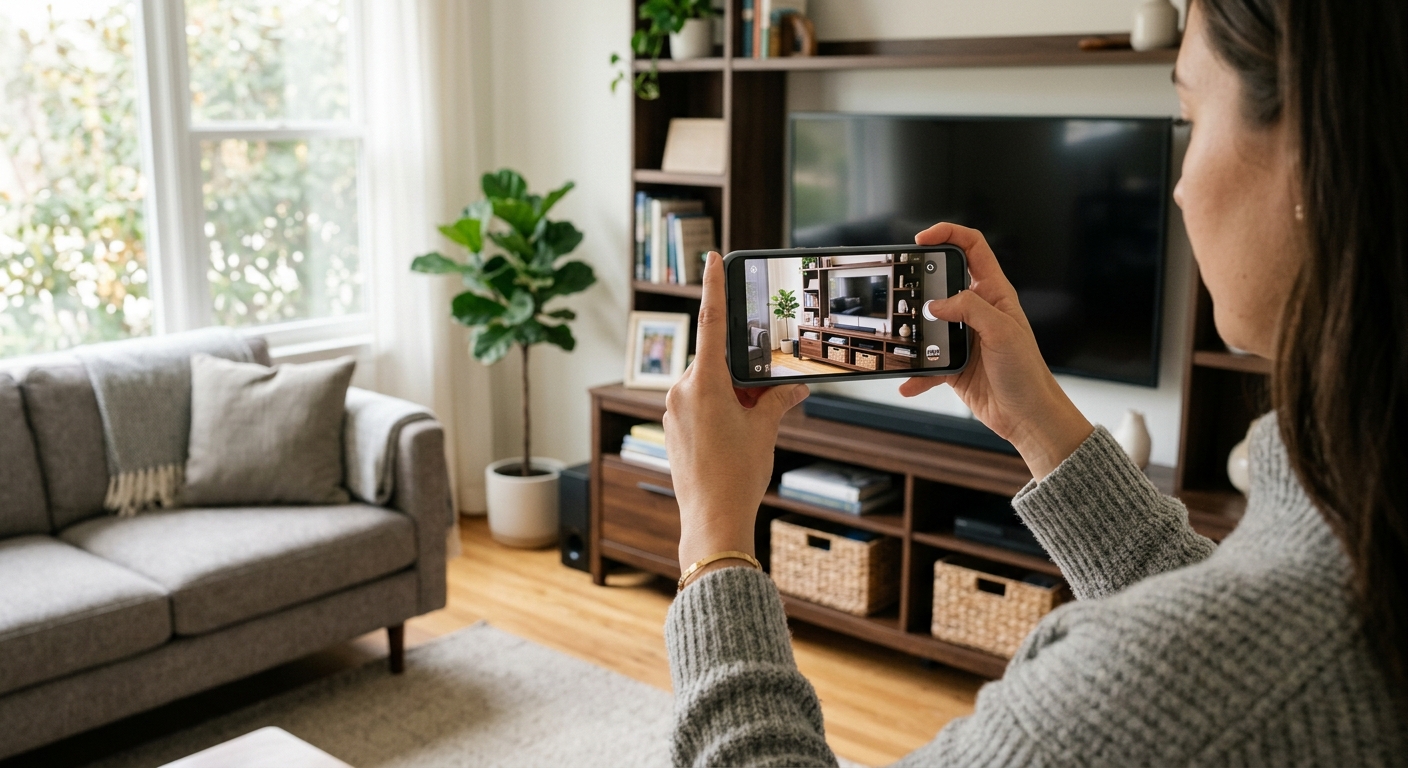 A smartphone taking a photo of a living room entertainment center for a home inventory.