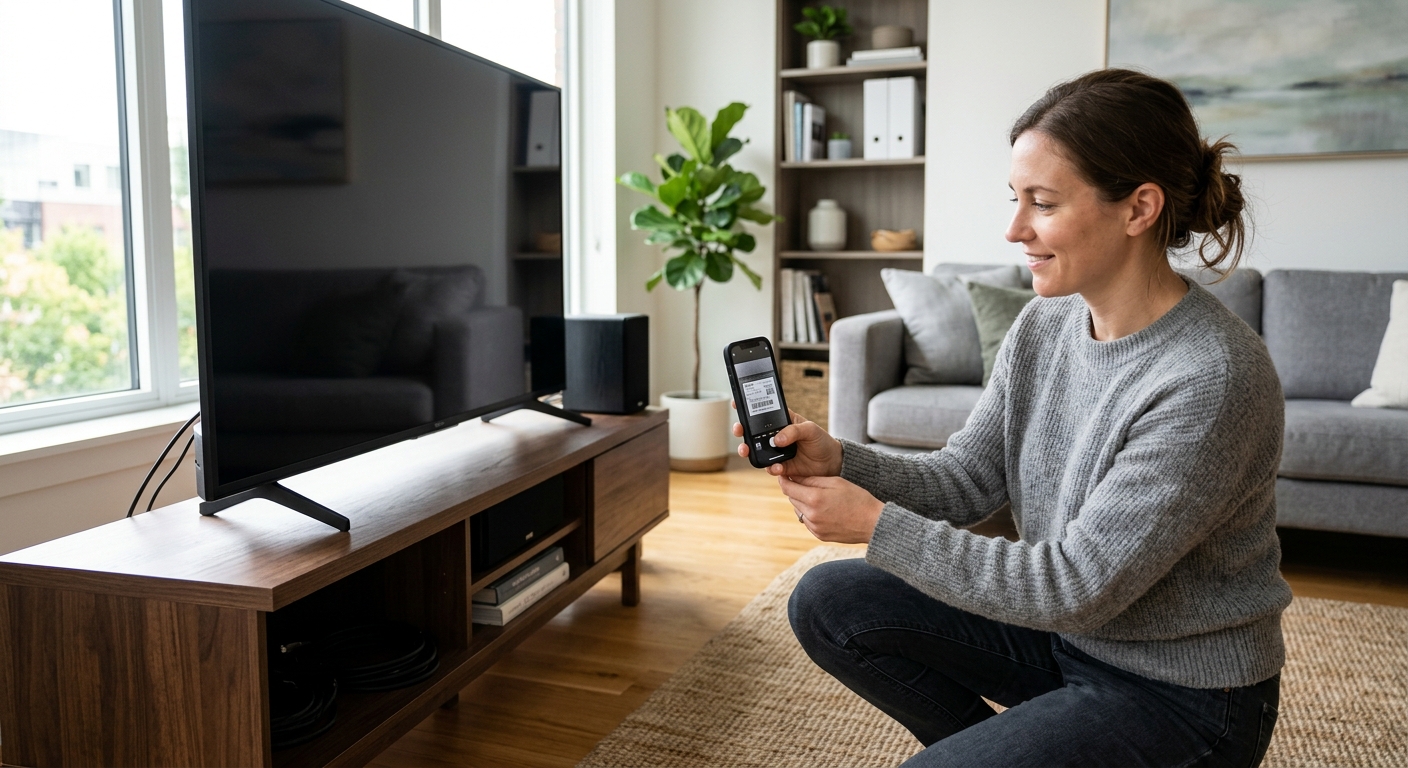 A person using a smartphone to photograph a television serial number in a modern apartment.