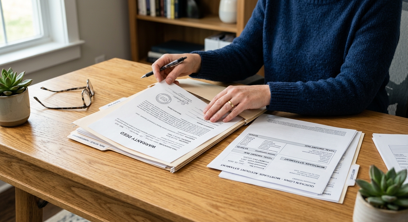 A close-up of a person organizing real estate documents, including a property deed and mortgage statement, on a wooden desk.